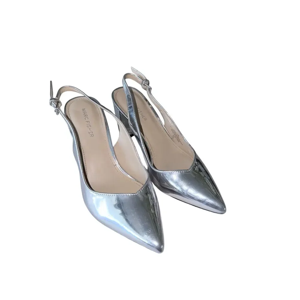 Marc Fisher silver mirror point toe sling back block heels shoes womens size 7.5